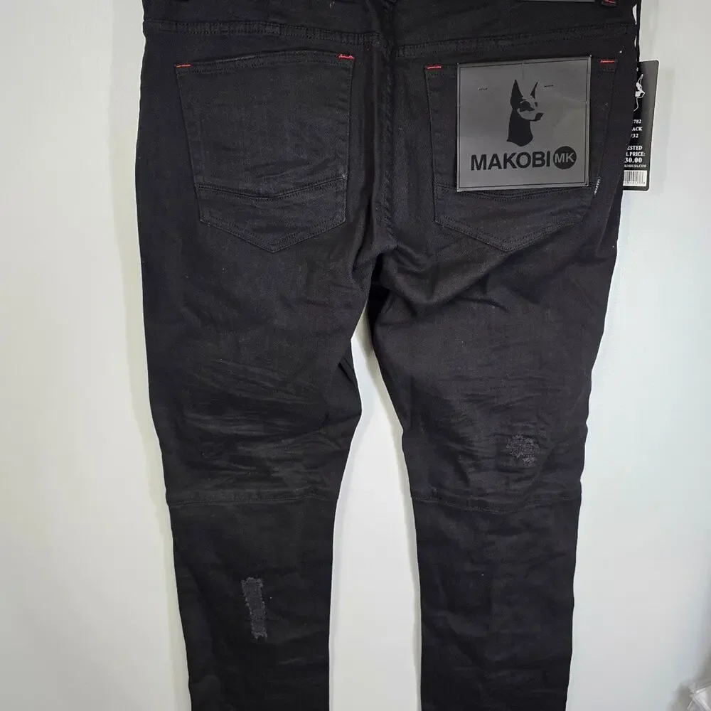 Makobi Big & Tall Ripped Repair Jeans With Leopard Print Patch Black 40/32 NWT